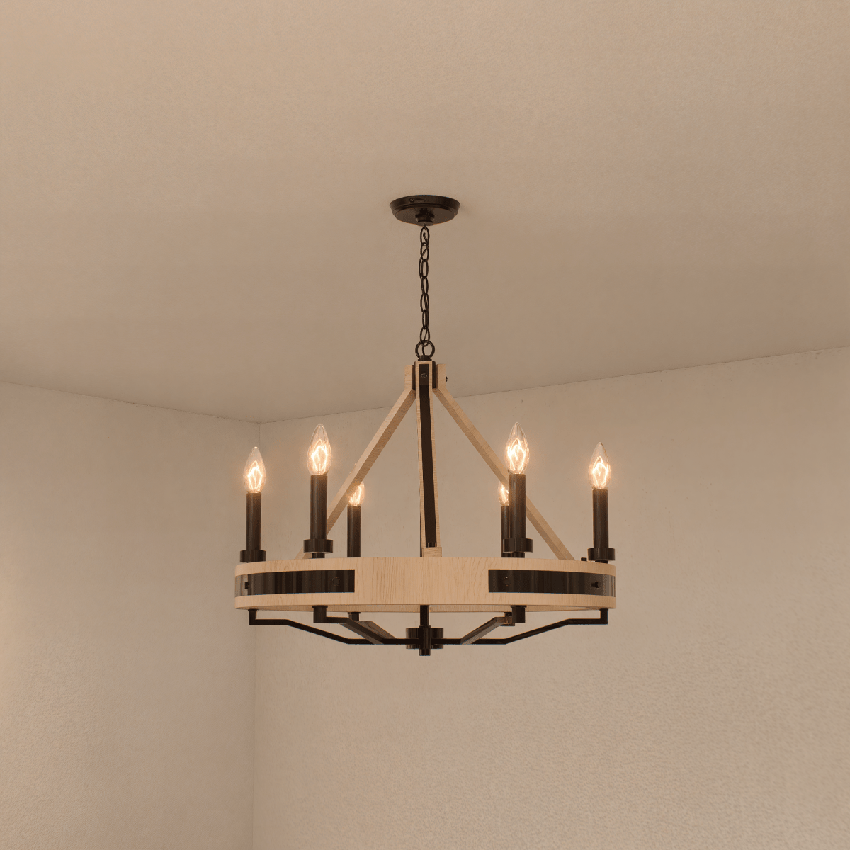 6-Light Farmhouse Chandelier, E12 Base, Matte black Finish Hardware with Nature Solid Ashwood - 26“D x 22”H