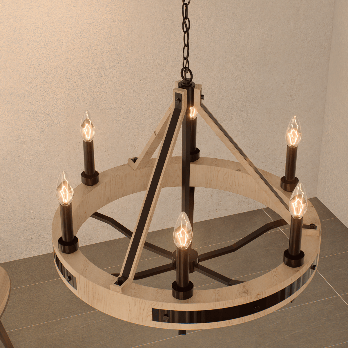 6-Light Farmhouse Chandelier, E12 Base, Matte black Finish Hardware with Nature Solid Ashwood - 26“D x 22”H