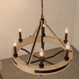 6-Light Farmhouse Chandelier, E12 Base, Matte black Finish Hardware with Nature Solid Ashwood - 26“D x 22”H