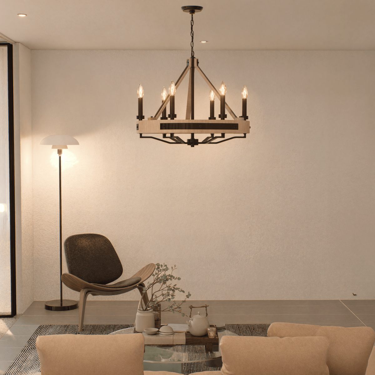6-Light Farmhouse Chandelier, E12 Base, Matte black Finish Hardware with Nature Solid Ashwood - 26“D x 22”H