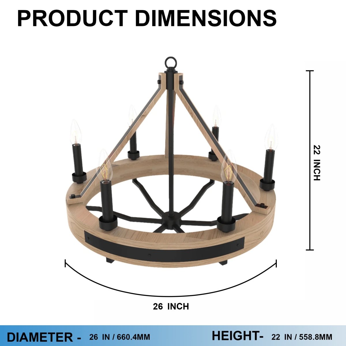 6-Light Farmhouse Chandelier, E12 Base, Matte black Finish Hardware with Nature Solid Ashwood - 26“D x 22”H