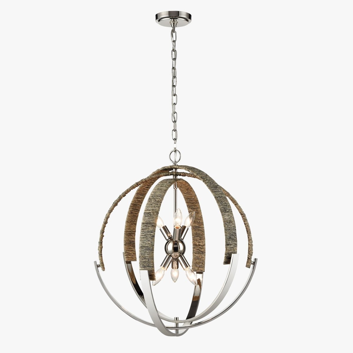 6-Light Polished Nickel Finish and Nature Gray Corn Leaf Rope Pendant Light, E12 Base - 24“D x 27”H