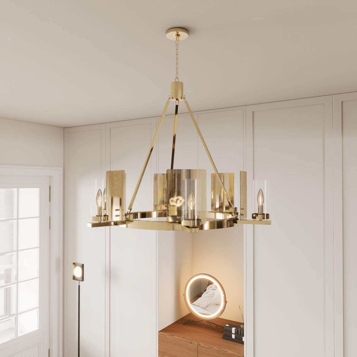 6-Light Ring Chandelier Ceiling Light In Brass Finish with Clear Glass, E12 Base, Width 28" Height 22", 120V, Bulb Type B10, Socket type E12, Max wattage Per Socket 60W