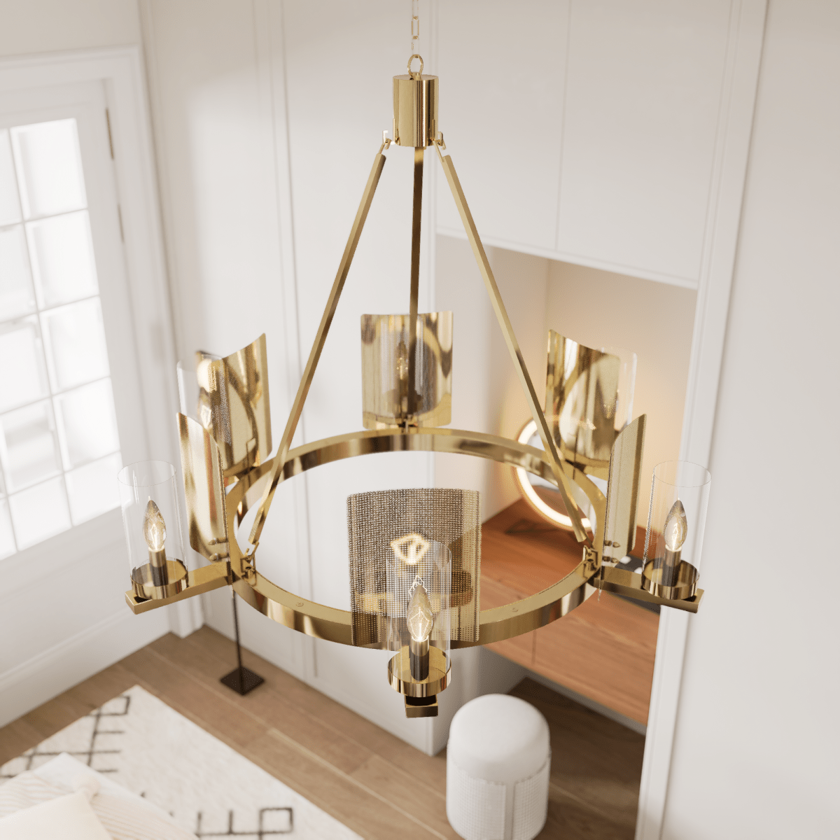 6-Light Ring Chandelier Ceiling Light In Brass Finish with Clear Glass, E12 Base, Width 28" Height 22", 120V, Bulb Type B10, Socket type E12, Max wattage Per Socket 60W