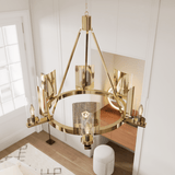6-Light Ring Chandelier Ceiling Light In Brass Finish with Clear Glass, E12 Base, Width 28" Height 22", 120V, Bulb Type B10, Socket type E12, Max wattage Per Socket 60W