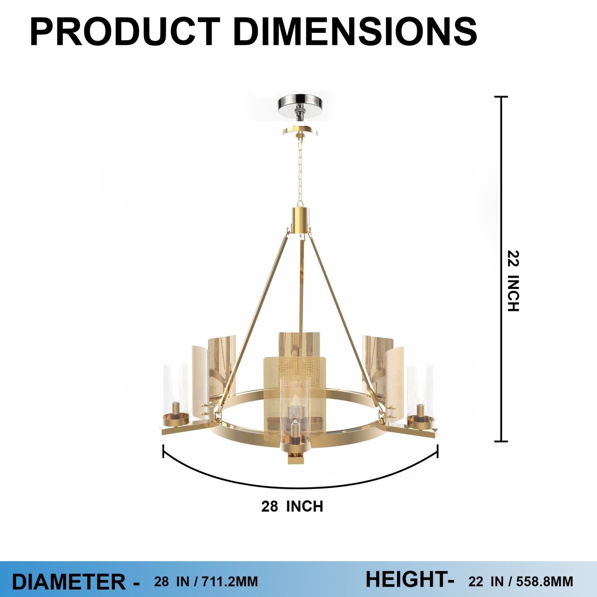 6-Light Ring Chandelier Ceiling Light In Brass Finish with Clear Glass, E12 Base, Width 28" Height 22", 120V, Bulb Type B10, Socket type E12, Max wattage Per Socket 60W