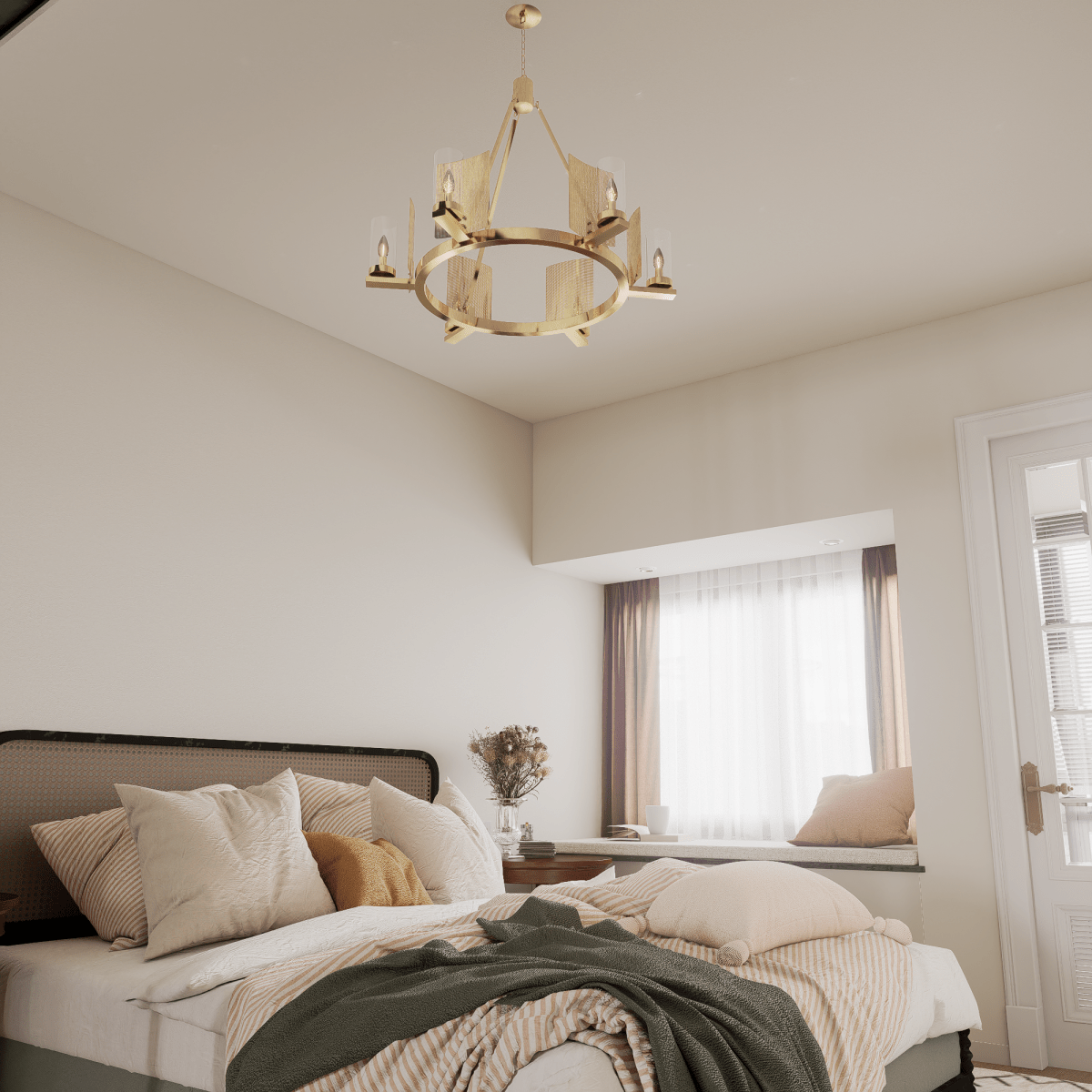 6-Light Ring Chandelier Ceiling Light In Brass Finish with Clear Glass, E12 Base, Width 28" Height 22", 120V, Bulb Type B10, Socket type E12, Max wattage Per Socket 60W