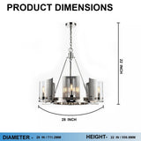 6-Light Ring Chandelier Ceiling Light In Chrome Finish with Clear Glass, E12 Base, 120V, Bulb Type B10, Socket type E12, Max wattage Per Socket 60W - 28“D x 22”H