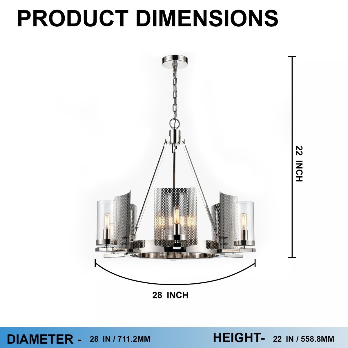 6-Light Ring Chandelier Ceiling Light In Chrome Finish with Clear Glass, E12 Base, 120V, Bulb Type B10, Socket type E12, Max wattage Per Socket 60W - 28“D x 22”H