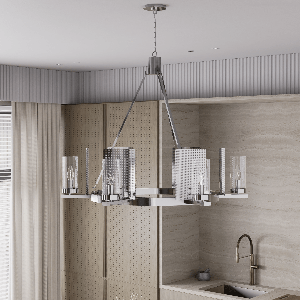 6-Light Ring Chandelier Ceiling Light In Chrome Finish with Clear Glass, E12 Base, 120V, Bulb Type B10, Socket type E12, Max wattage Per Socket 60W - 28“D x 22”H