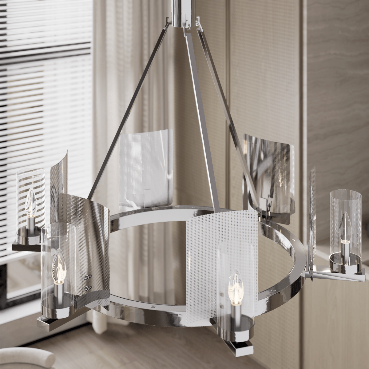 6-Light Ring Chandelier Ceiling Light In Chrome Finish with Clear Glass, E12 Base, 120V, Bulb Type B10, Socket type E12, Max wattage Per Socket 60W - 28“D x 22”H