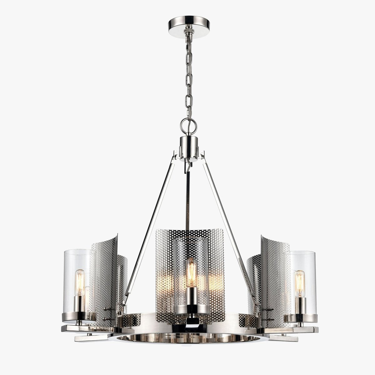 6-Light Ring Chandelier Ceiling Light In Chrome Finish with Clear Glass, E12 Base, 120V, Bulb Type B10, Socket type E12, Max wattage Per Socket 60W - 28“D x 22”H