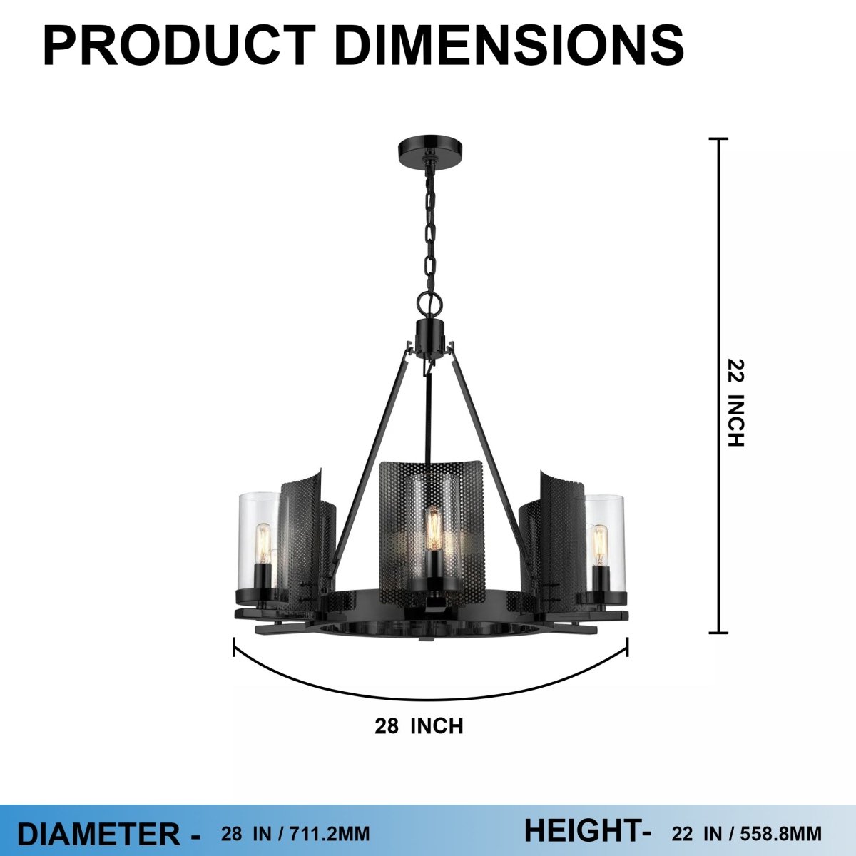 6-Light Ring Chandelier Ceiling Light In Matte Black Finish with Clear Glass, E12 Base, Diam 28" Height 22", 120V, Bulb Type B10, Socket type E12, Max wattage Per Socket 60W
