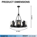 6-Light Ring Chandelier Ceiling Light In Matte Black Finish with Clear Glass, E12 Base, Diam 28" Height 22", 120V, Bulb Type B10, Socket type E12, Max wattage Per Socket 60W