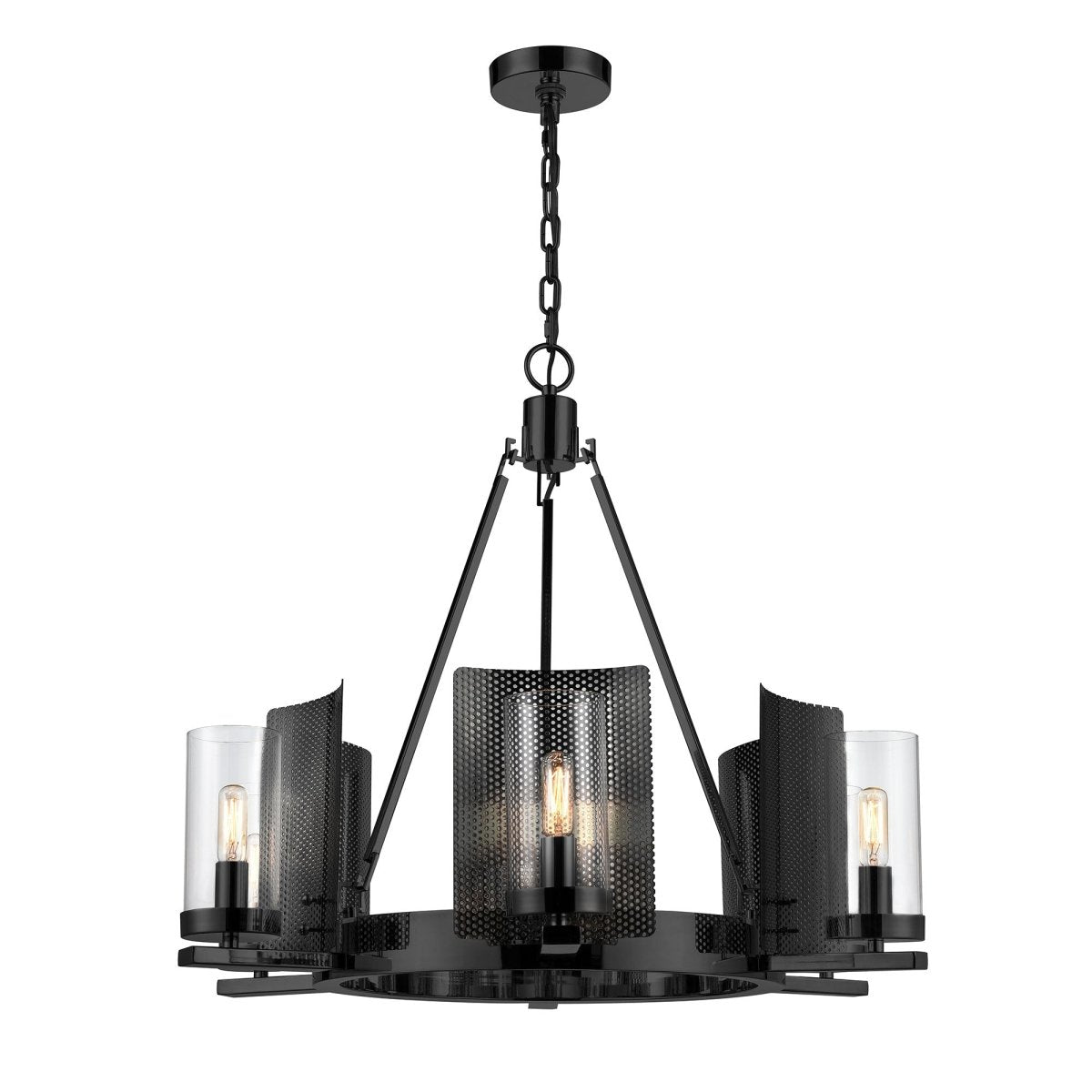 6-Light Ring Chandelier Ceiling Light In Matte Black Finish with Clear Glass, E12 Base, Diam 28" Height 22", 120V, Bulb Type B10, Socket type E12, Max wattage Per Socket 60W