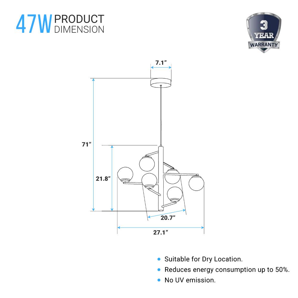 6-Lights, Chandelier, 47W, 3000K, Matte Black Body Finish, Dimmable