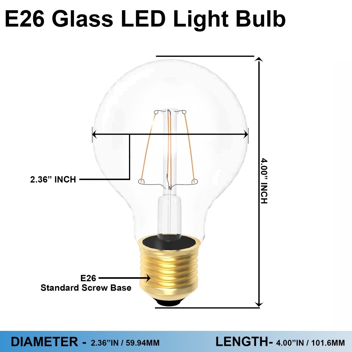 6 Watt Filament LED Light Bulb, Clear Dimmable A19 Medium (E26) Base, 120V/60Hz, 2700K, 600LM, 4-filament - D2.36"*4.00"H