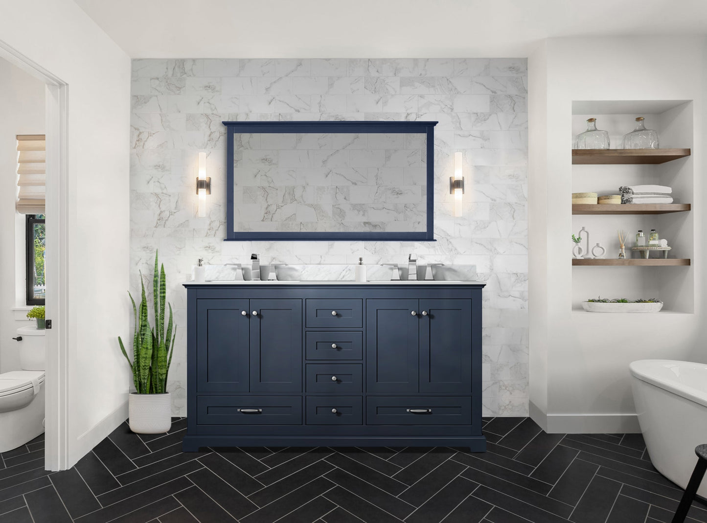 Dukes 60 in. Freestanding Bathroom Vanity with White Carrara Marble Top, White Square Sink