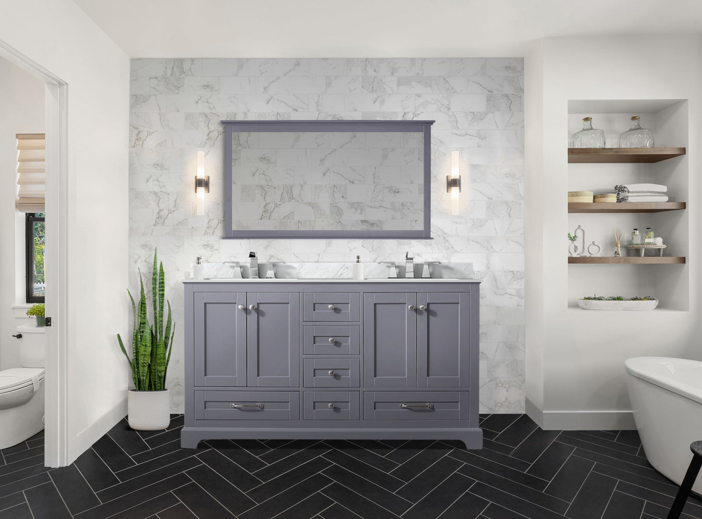 Dukes 60 in. Freestanding Bathroom Vanity with White Carrara Marble Top, White Square Sink