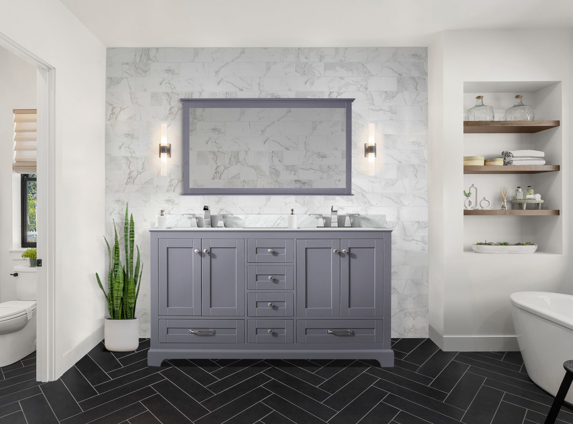 Dukes 60 in. Freestanding Bathroom Vanity with White Carrara Marble Top, White Square Sink