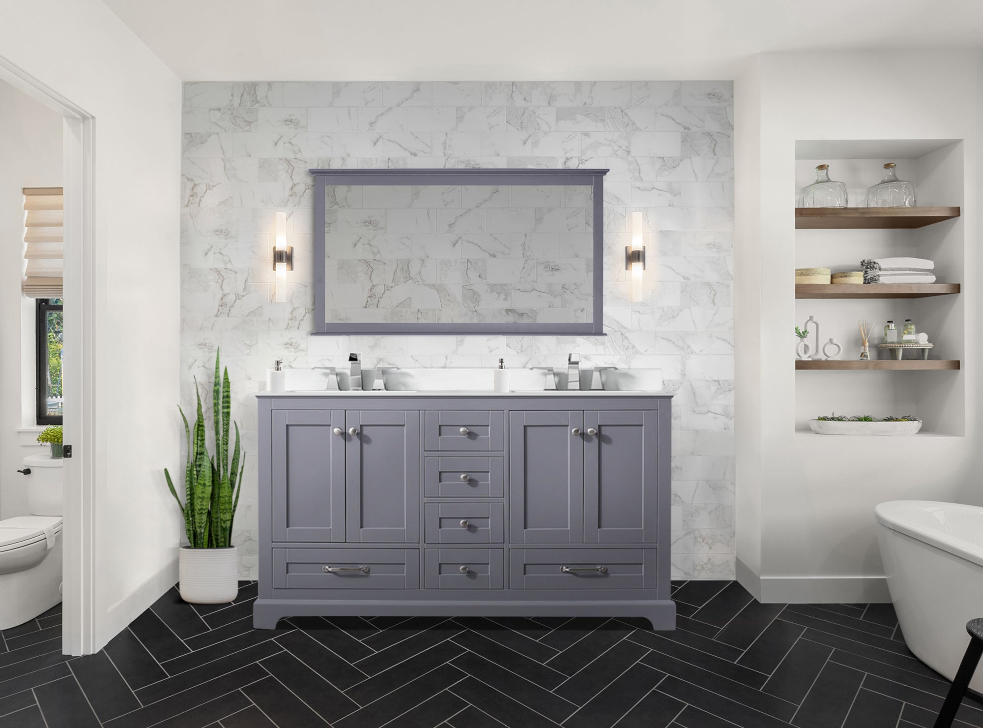 Dukes 60" Dark Grey Double Vanity, White Quartz Top, White Square Sinks and 58" Mirror