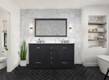 Dukes 60" Espresso Double Vanity, White Quartz Top, White Square Sinks and 58" Mirror w/ Faucets
