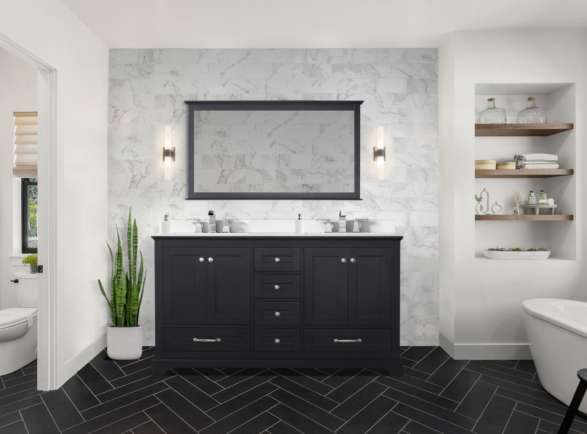 Dukes 60" Espresso Double Vanity, White Quartz Top, White Square Sinks and 58" Mirror w/ Faucets
