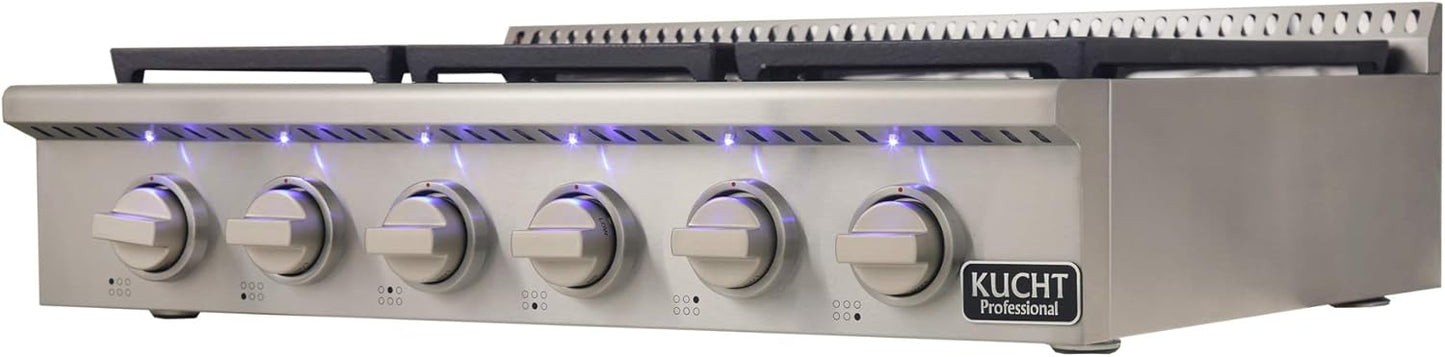 KUCHT Professional 36 in. Propane Gas Range-Top with Sealed Burners in Stainless Steel with Classic Silver Knobs