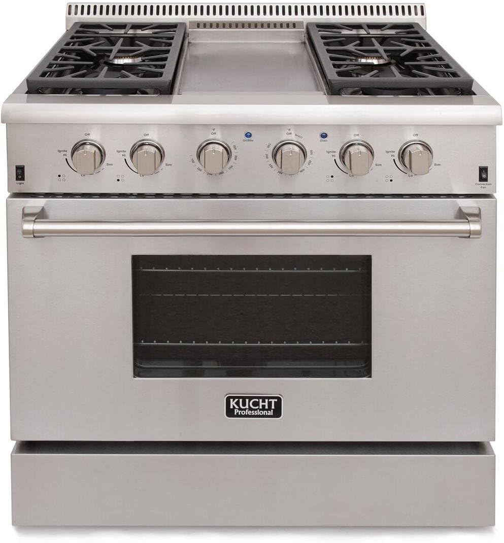 KUCHT Professional 36 in. 5.2 cu. ft. Natural Gas Range with Sealed Burners, Griddle and Convection Oven in Stainless Steel with Classic Silver Knobs