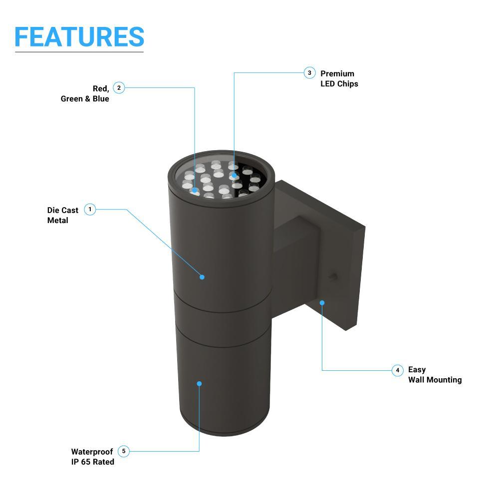 LED Up & Down Lights Outdoor Wall Light, Cylinder Outdoor Sconces, 2x36W, AC100- 277V, Double Side Light (Avail Color - Red, Green, Blue)