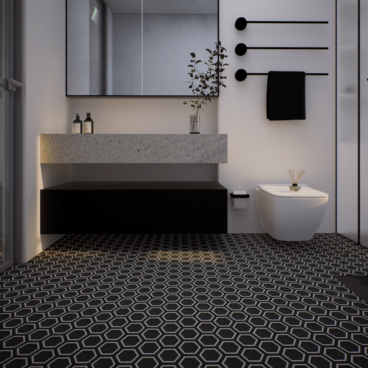 7 In Hexagon Frame Form Graphite Matte Pressed Glazed Porcelain