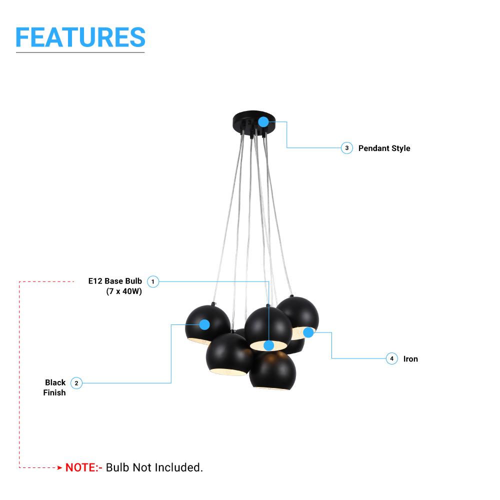 7-Light Black Iron Globe Pendant Chandelier Fixture for Living Room, Bedroom, Dining Room, Office