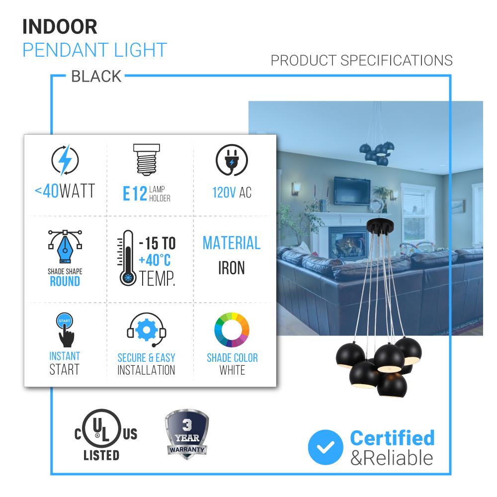 7-Light Black Iron Globe Pendant Chandelier Fixture for Living Room, Bedroom, Dining Room, Office