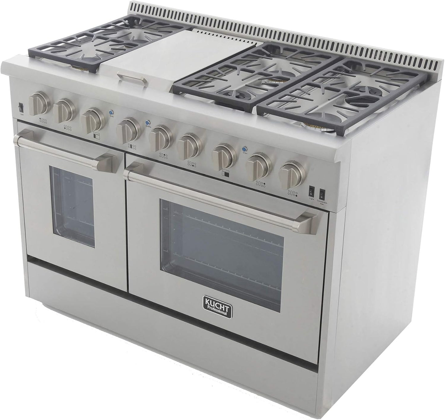 KUCHT Professional 48 in. 6.7 cu. ft. Dual Fuel Range for Propane Gas with Sealed Burners, Griddle and Convection Oven in Stainless Steel with Classic Silver Knobs