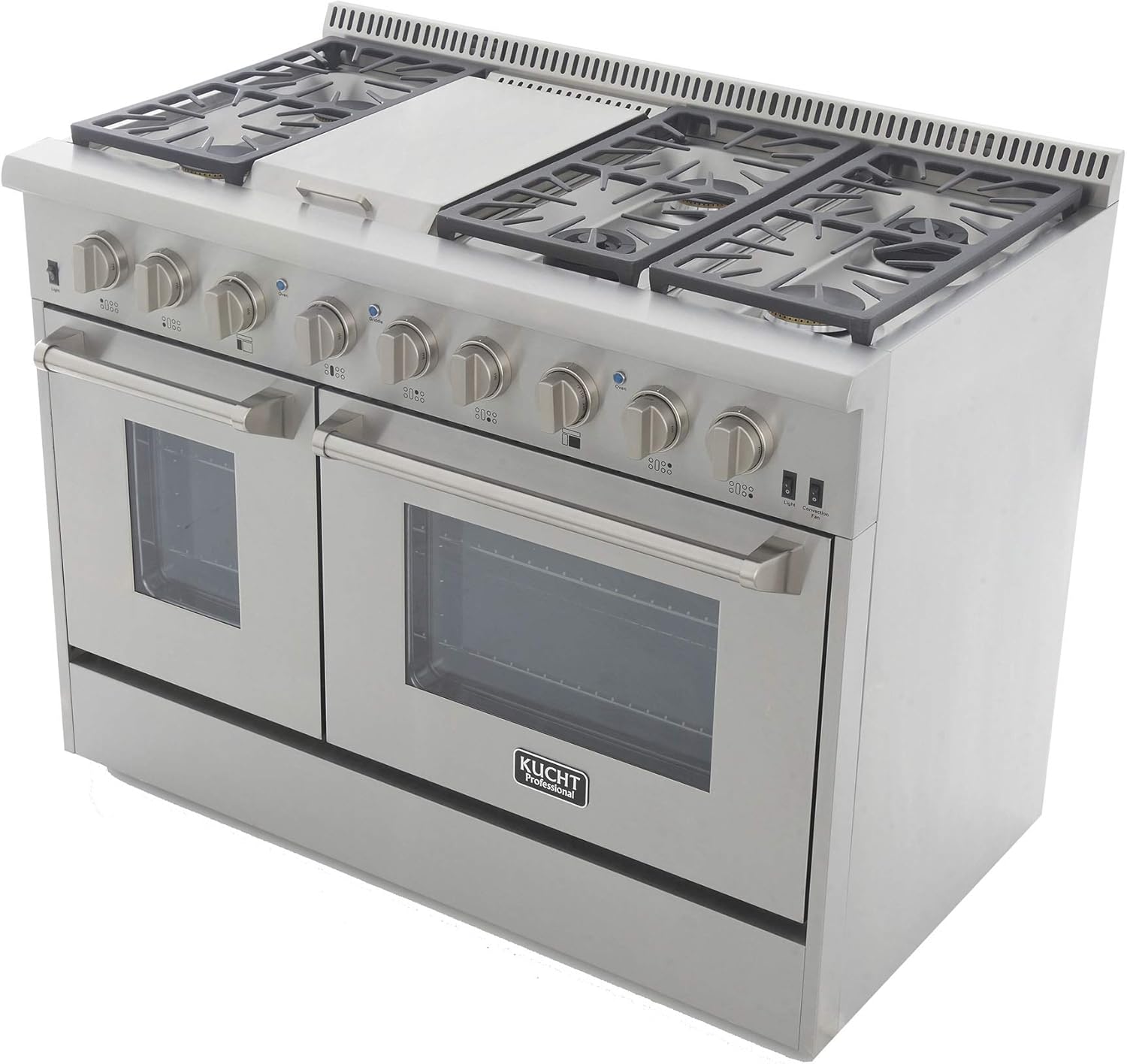 KUCHT Professional 48 in. 6.7 cu. ft. Dual Fuel Range for Propane Gas with Sealed Burners, Griddle and Convection Oven in Stainless Steel with Classic Silver Knobs