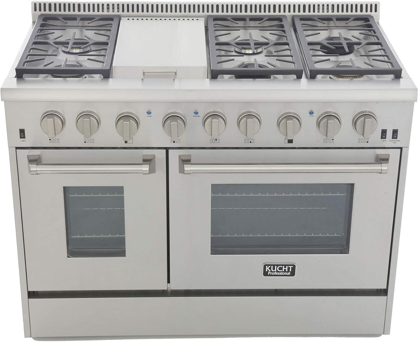 KUCHT Professional 48 in. 6.7 cu. ft. Dual Fuel Range for Propane Gas with Sealed Burners, Griddle and Convection Oven in Stainless Steel with Classic Silver Knobs