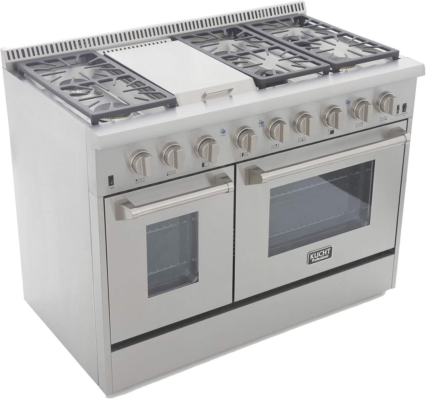 KUCHT Professional 48 in. 6.7 cu. ft. Dual Fuel Range for Propane Gas with Sealed Burners, Griddle and Convection Oven in Stainless Steel with Classic Silver Knobs