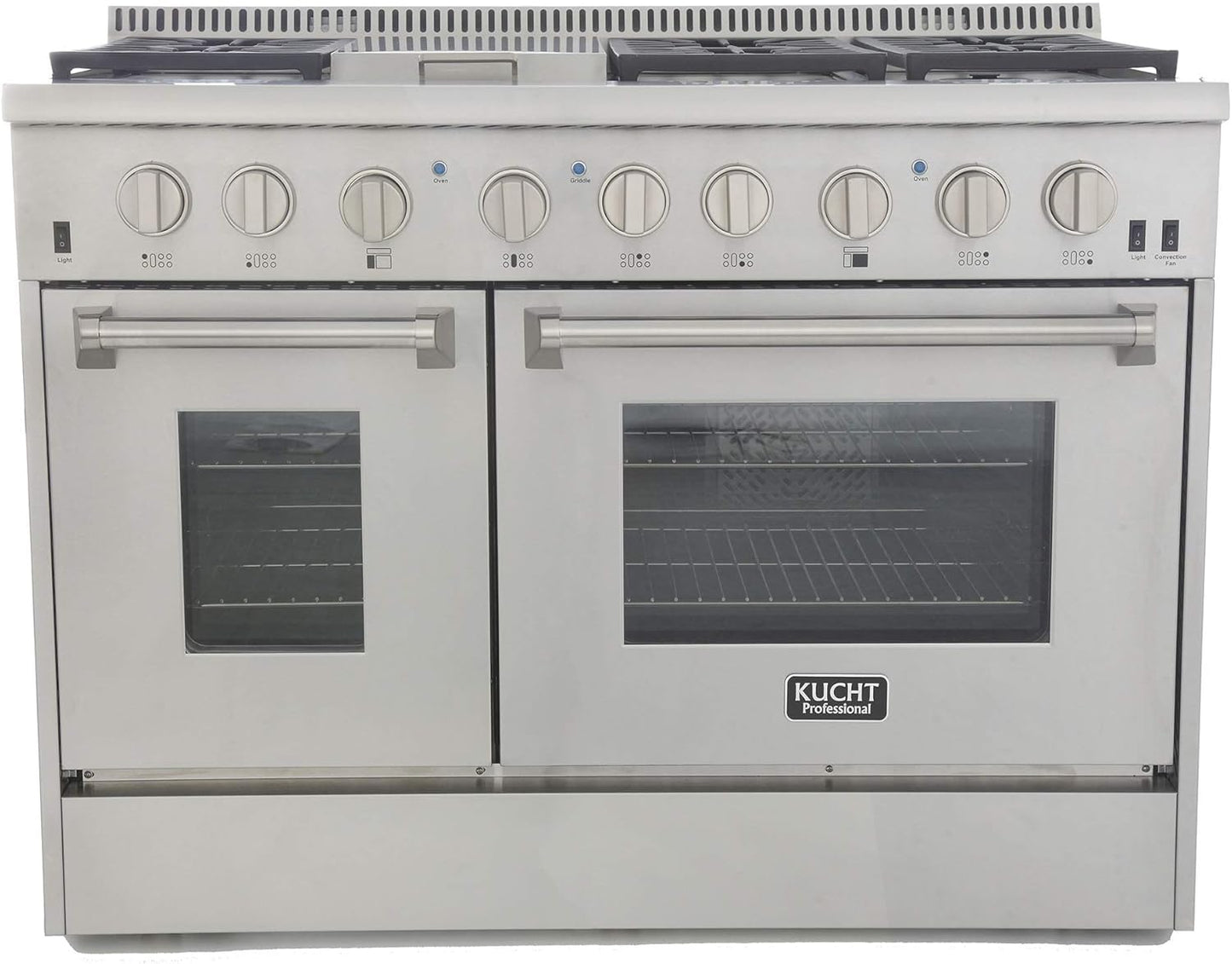 KUCHT Professional 48 in. 6.7 cu. ft. Dual Fuel Range for Propane Gas with Sealed Burners, Griddle and Convection Oven in Stainless Steel with Classic Silver Knobs