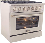 KUCHT Professional 36 in. 5.2 cu. ft. Dual Fuel Range for Natural Gas with Sealed Burners and Convection Oven in Stainless Steel with Gold Handle, Rings and Knobs.
