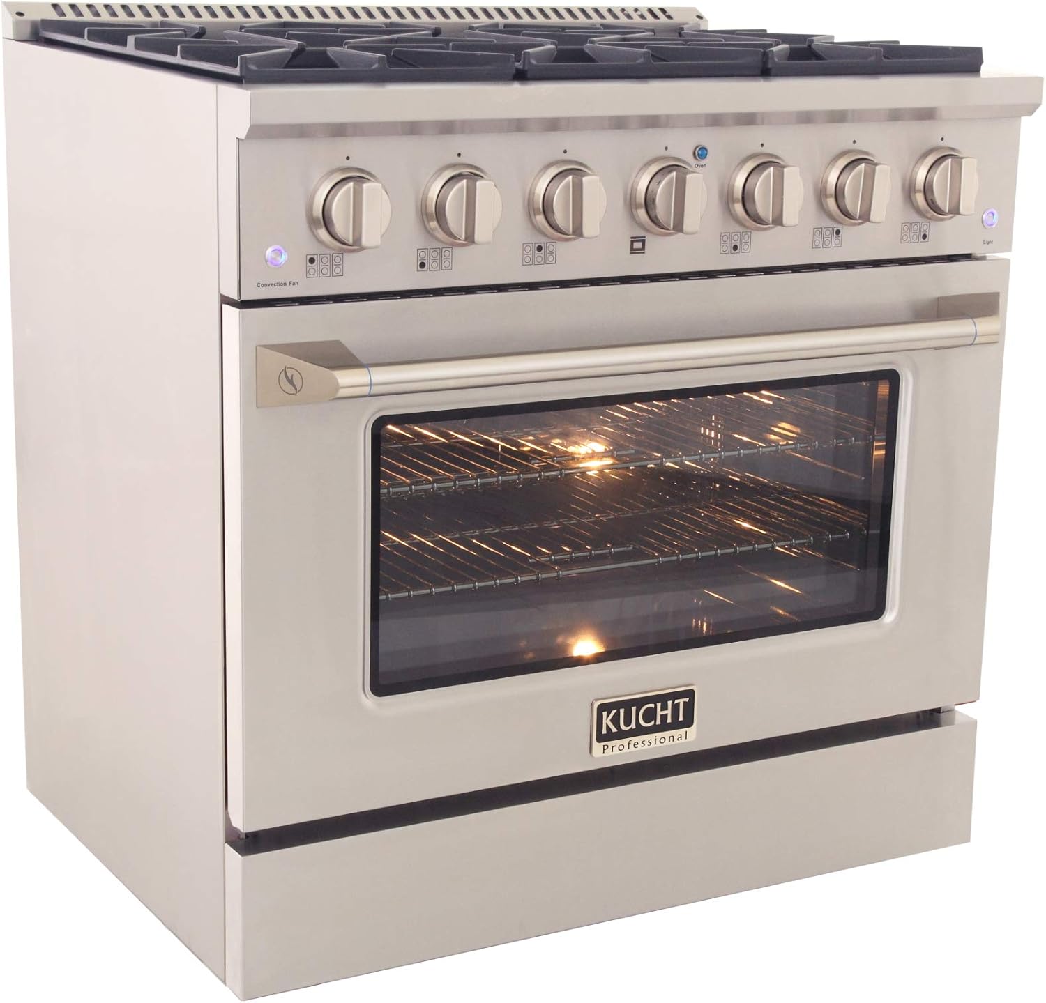KUCHT Professional 36 in. 5.2 cu. ft. Dual Fuel Range for Natural Gas with Sealed Burners and Convection Oven in Stainless Steel with Gold Handle, Rings and Knobs.