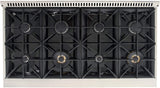 KUCHT Professional 48 in. 6.7 cu. ft. Dual Fuel Range for Propane Gas with Sealed Burners, Griddle/Grill and Two Ovens - One Convection - in Stainless Steel with Gold Handle, Rings and Knobs.