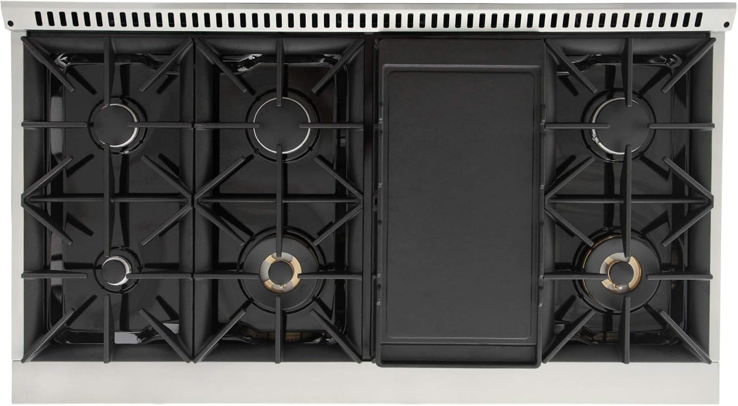KUCHT Professional 48 in. 6.7 cu. ft. Dual Fuel Range for Propane Gas with Sealed Burners, Griddle/Grill and Two Ovens - One Convection - in Stainless Steel with Gold Handle, Rings and Knobs.