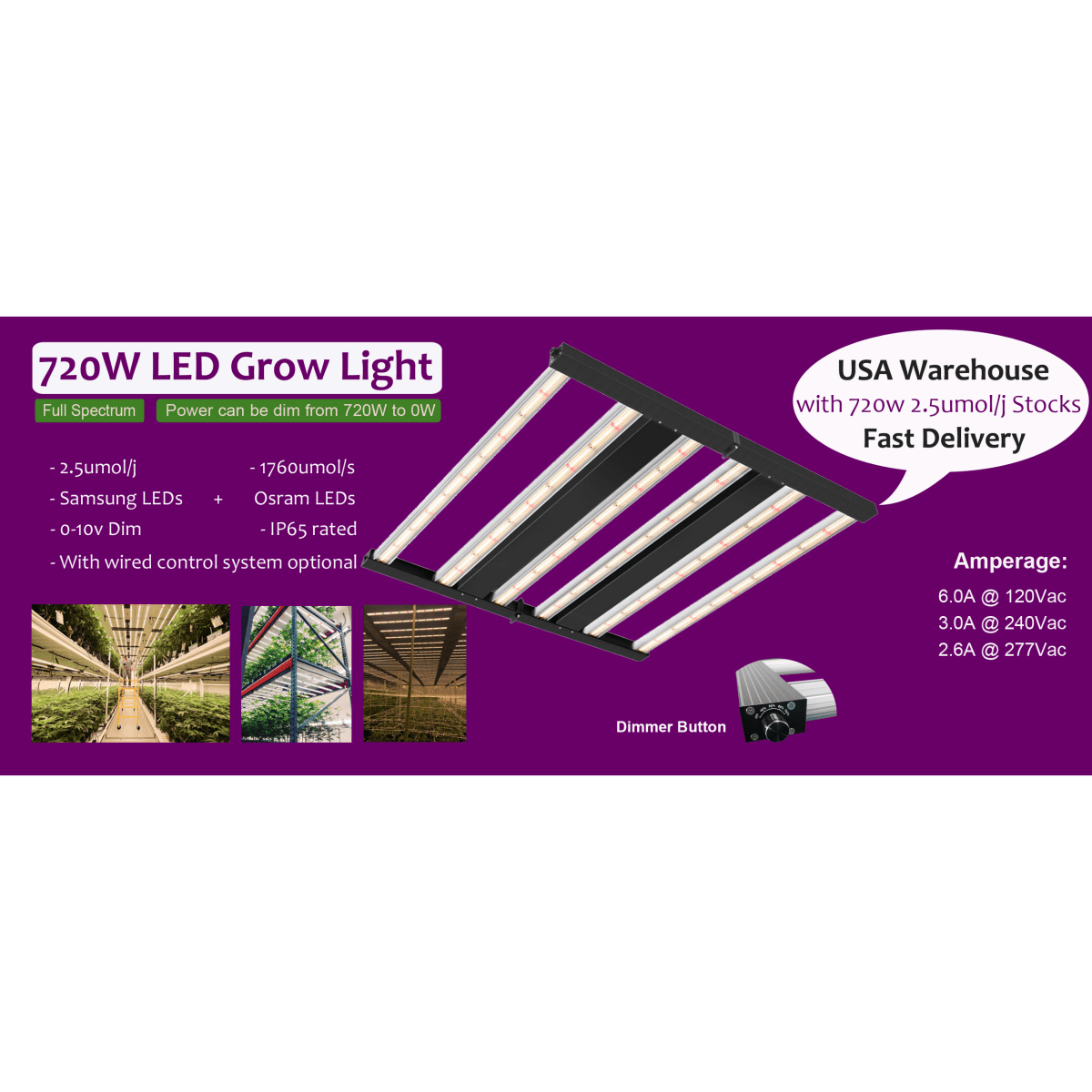720W Full Spectrum Grow Lamps, 6 Bars, 2.7 μmol/j, Dimmable,  Smart Control System LED Grow Light With Optic Lens
