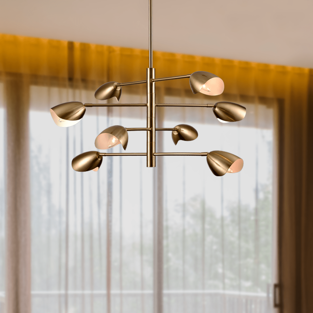 8-Light Chandelier Ceiling Light, Curved Disk Shades, Brass Finish Hardware,  120V, Bulb Type B10, Socket type E12, Max wattage Per Socket 60W - 33.5”D x 18.5“H