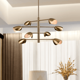 8-Light Chandelier Ceiling Light, Curved Disk Shades, Brass Finish Hardware,  120V, Bulb Type B10, Socket type E12, Max wattage Per Socket 60W - 33.5”D x 18.5“H