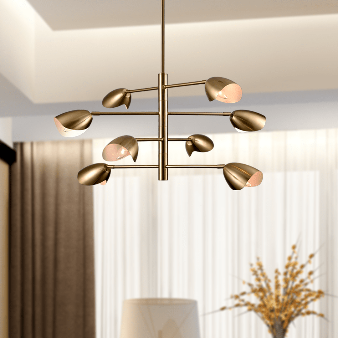 8-Light Chandelier Ceiling Light, Curved Disk Shades, Brass Finish Hardware,  120V, Bulb Type B10, Socket type E12, Max wattage Per Socket 60W - 33.5”D x 18.5“H