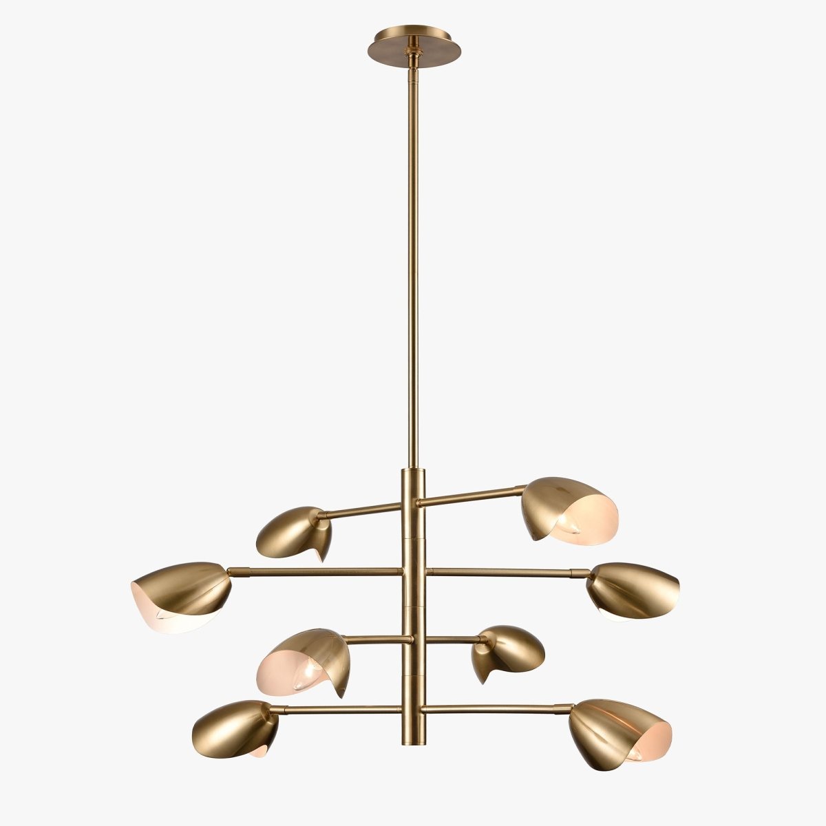 8-Light Chandelier Ceiling Light, Curved Disk Shades, Brass Finish Hardware,  120V, Bulb Type B10, Socket type E12, Max wattage Per Socket 60W - 33.5”D x 18.5“H