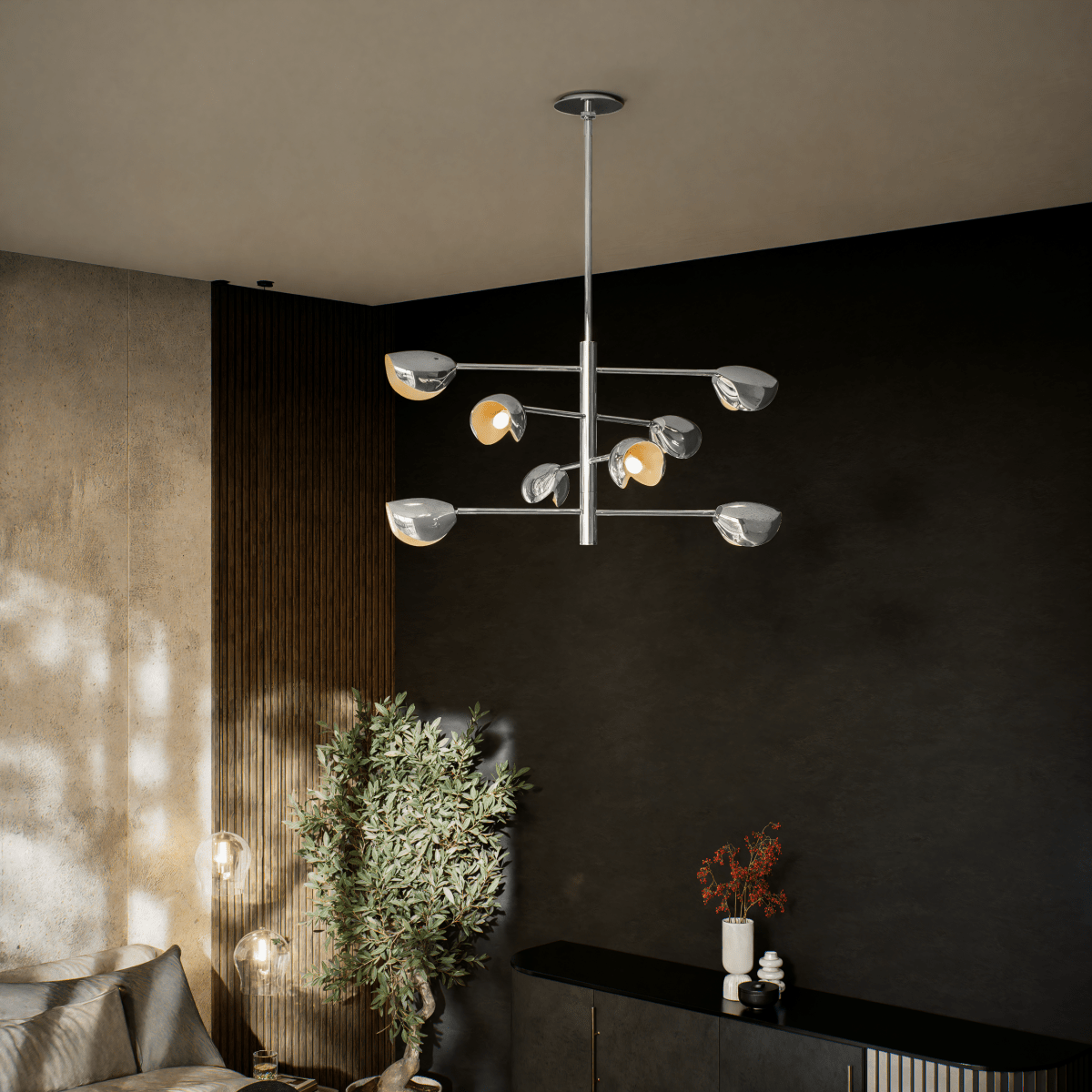 8-Light Chandelier Ceiling Light, Curved Disk Shades, Chrome Finish Hardware, 120V, Bulb Type B10, Socket type E12, Max wattage Per Socket 60W - 33.5”D x 18.5“H