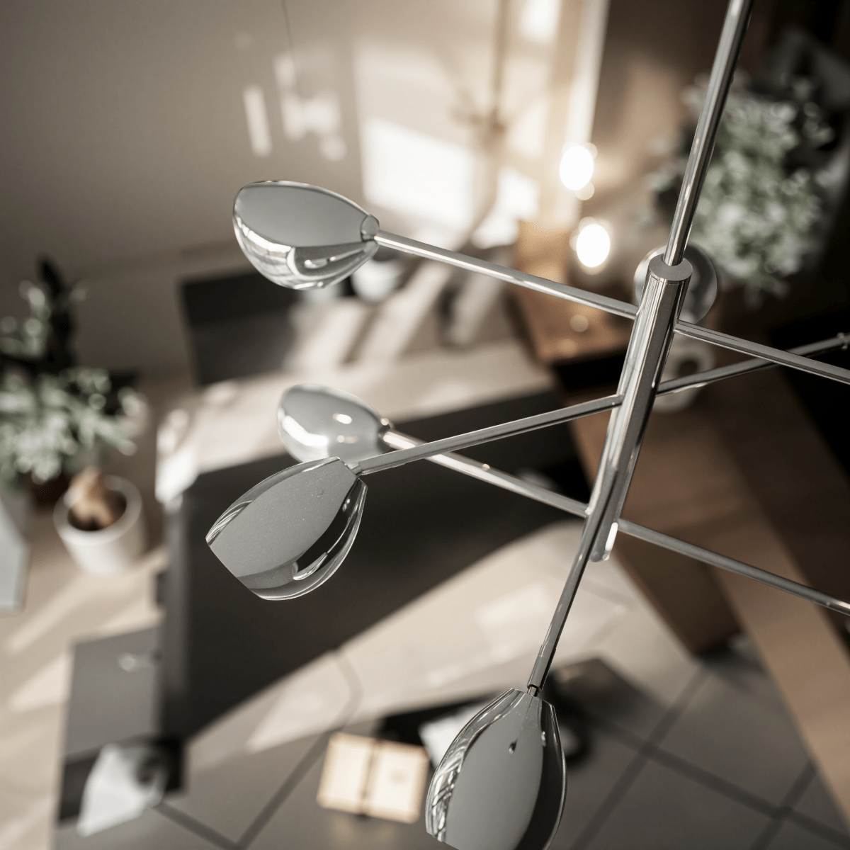 8-Light Chandelier Ceiling Light, Curved Disk Shades, Chrome Finish Hardware, 120V, Bulb Type B10, Socket type E12, Max wattage Per Socket 60W - 33.5”D x 18.5“H