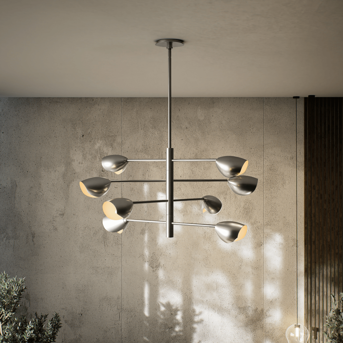 8-Light Chandelier Ceiling Light, Curved Disk Shades, Chrome Finish Hardware, 120V, Bulb Type B10, Socket type E12, Max wattage Per Socket 60W - 33.5”D x 18.5“H